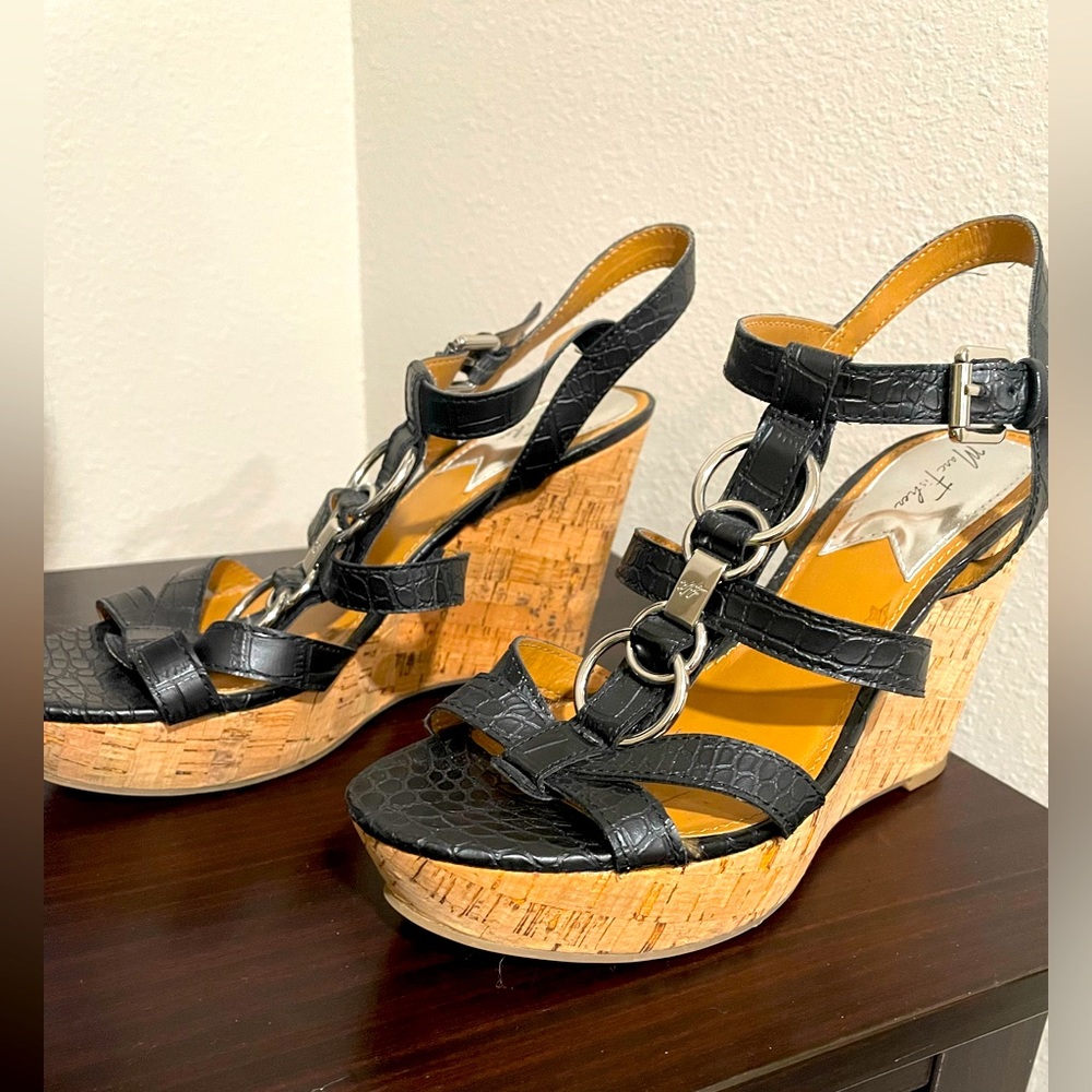 Platform edge sandals. Black with ankle strap.